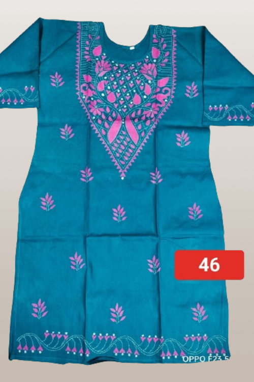 Handloom Cotton Kurta Wity Intricate Kantha Stitch Work All Over